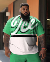 Big & Tall Street Cartoon Color Block Ice Green Graffiti Short-Sleeved Shorts Set